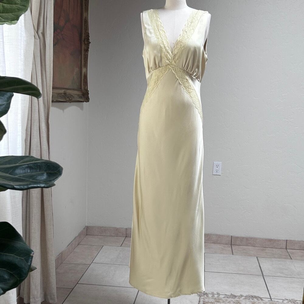 butter yellow satin slip dress lace accent bias cut 90s y2k vintage inspired L